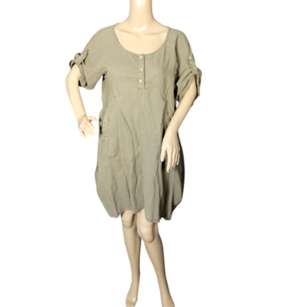 Catwalk Studio Dress Womens Small Taupe Ramie Blend Button Short Sleeve Pockets